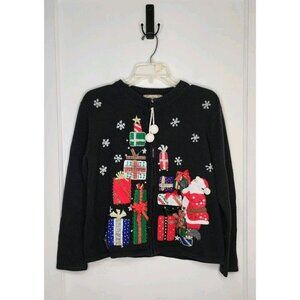 Vintage Tiara Christmas Cardigan Sweater Full Zip Santa Claus Womens Size PM